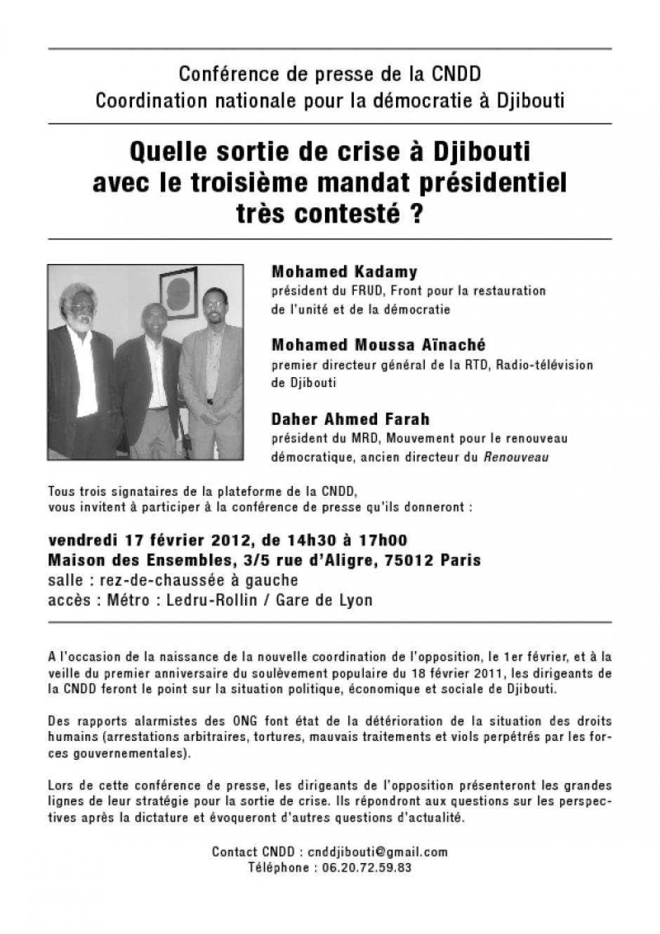 Quelle sortie de crise à Djibouti avec le troisième mandat présidentiel très contesté ? Conférence de presse de la CNDD le 17/02/2012